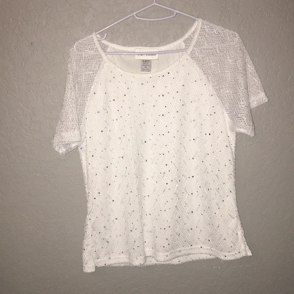 C.D. Petites White Lace Shirt Blue polkadots